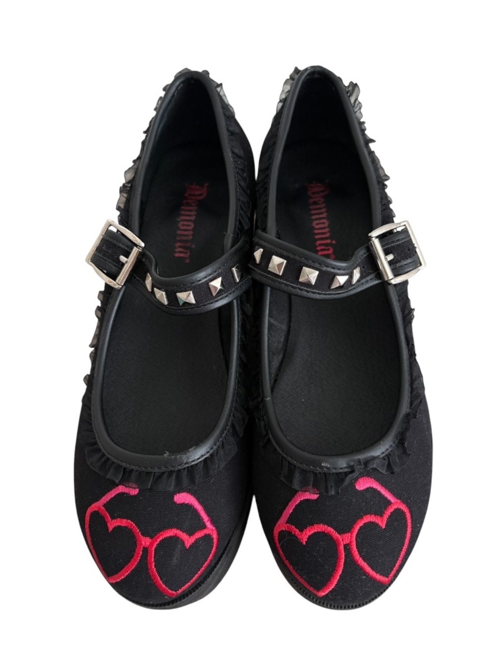 Demonia Black Platform Mary Janes with Pink Heart Sunglasses Embroidery